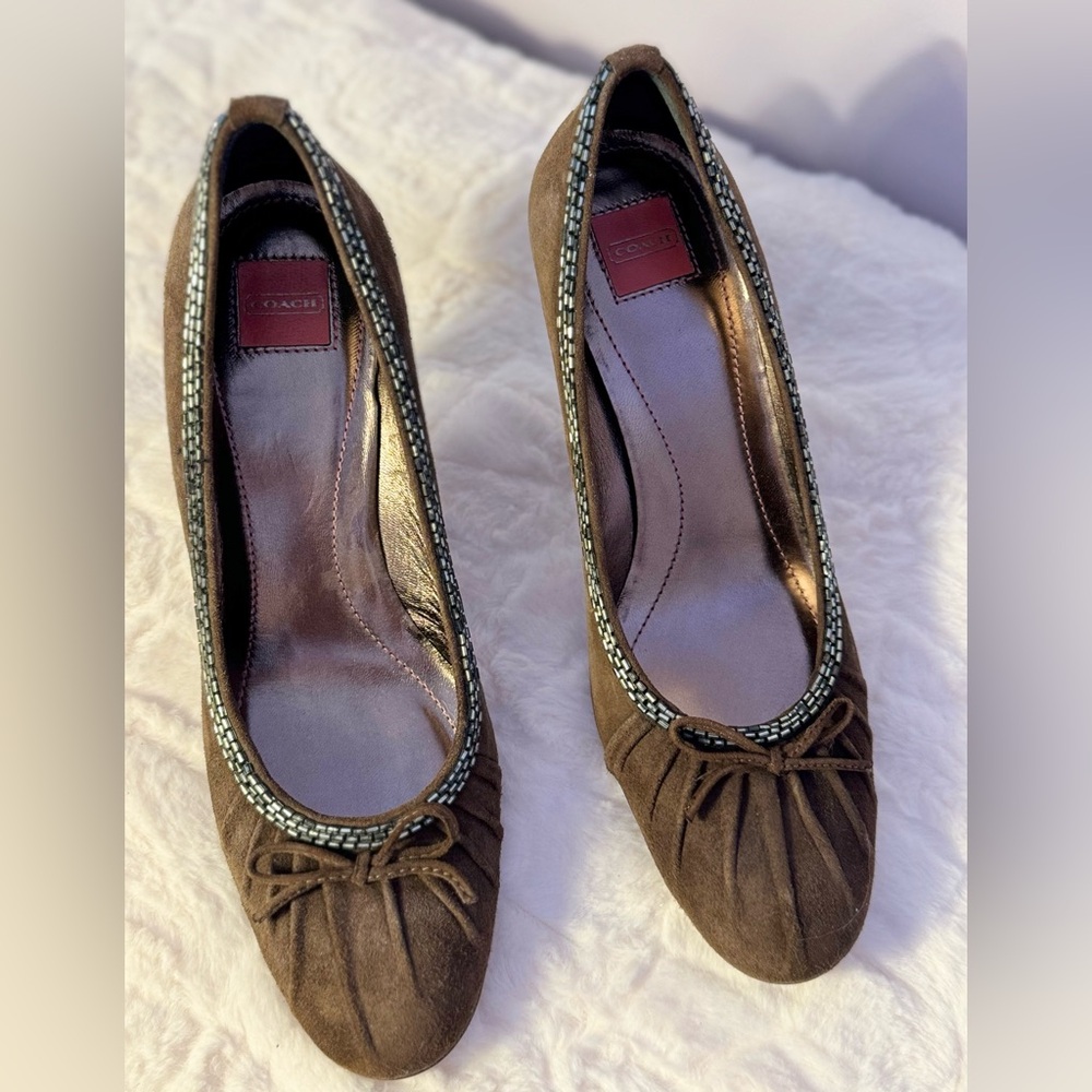 Dazzling Coach Brown Suede Heels with Bow